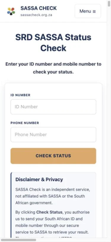 SASSA Check mobile form with ID number and cellphone number fields